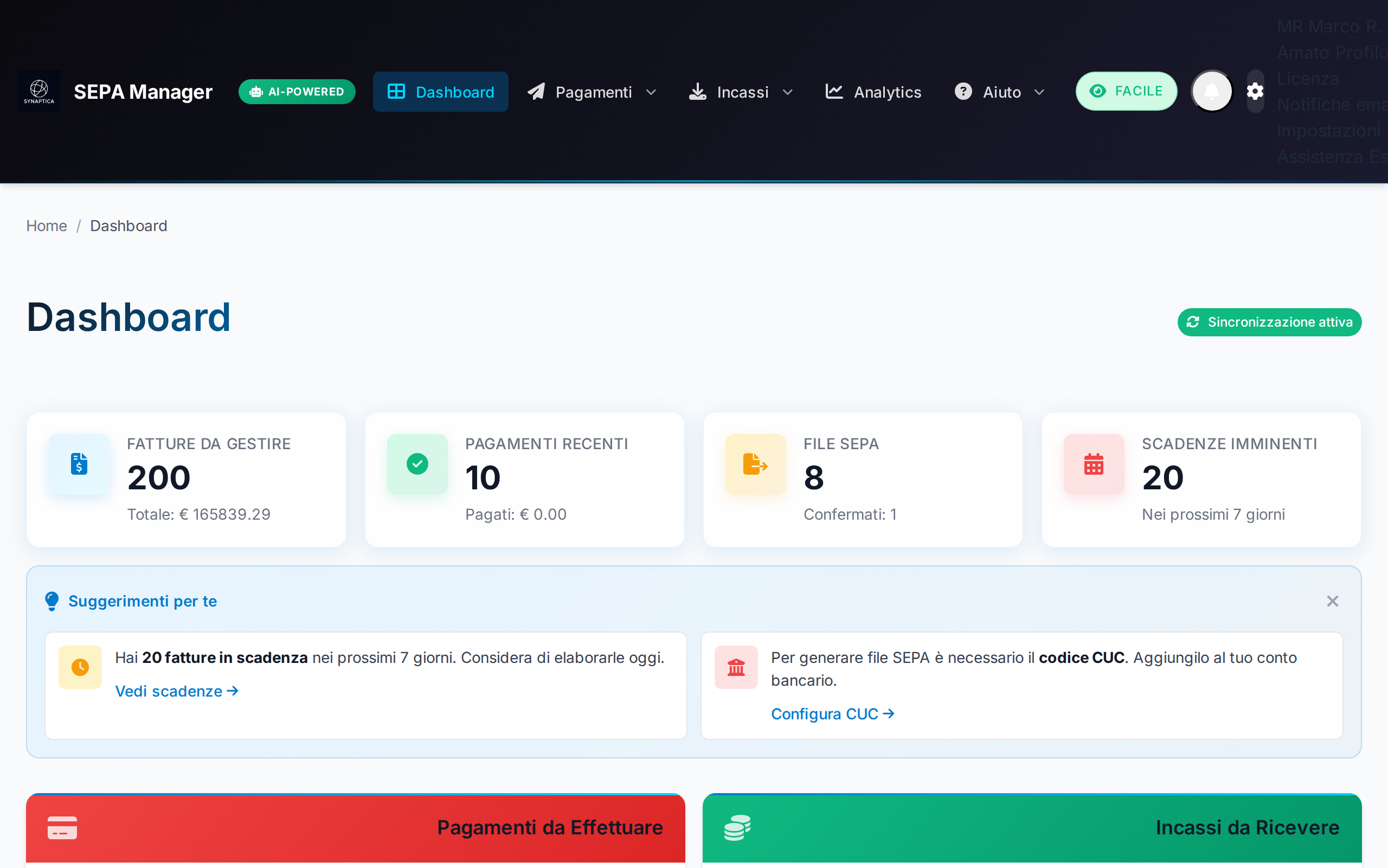 Dashboard SEPA Manager - panoramica fatture e scadenze