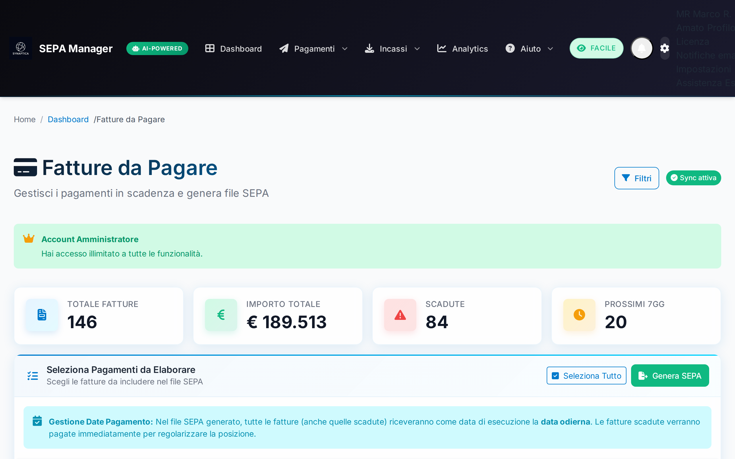 Selezione fatture da pagare con generazione SEPA