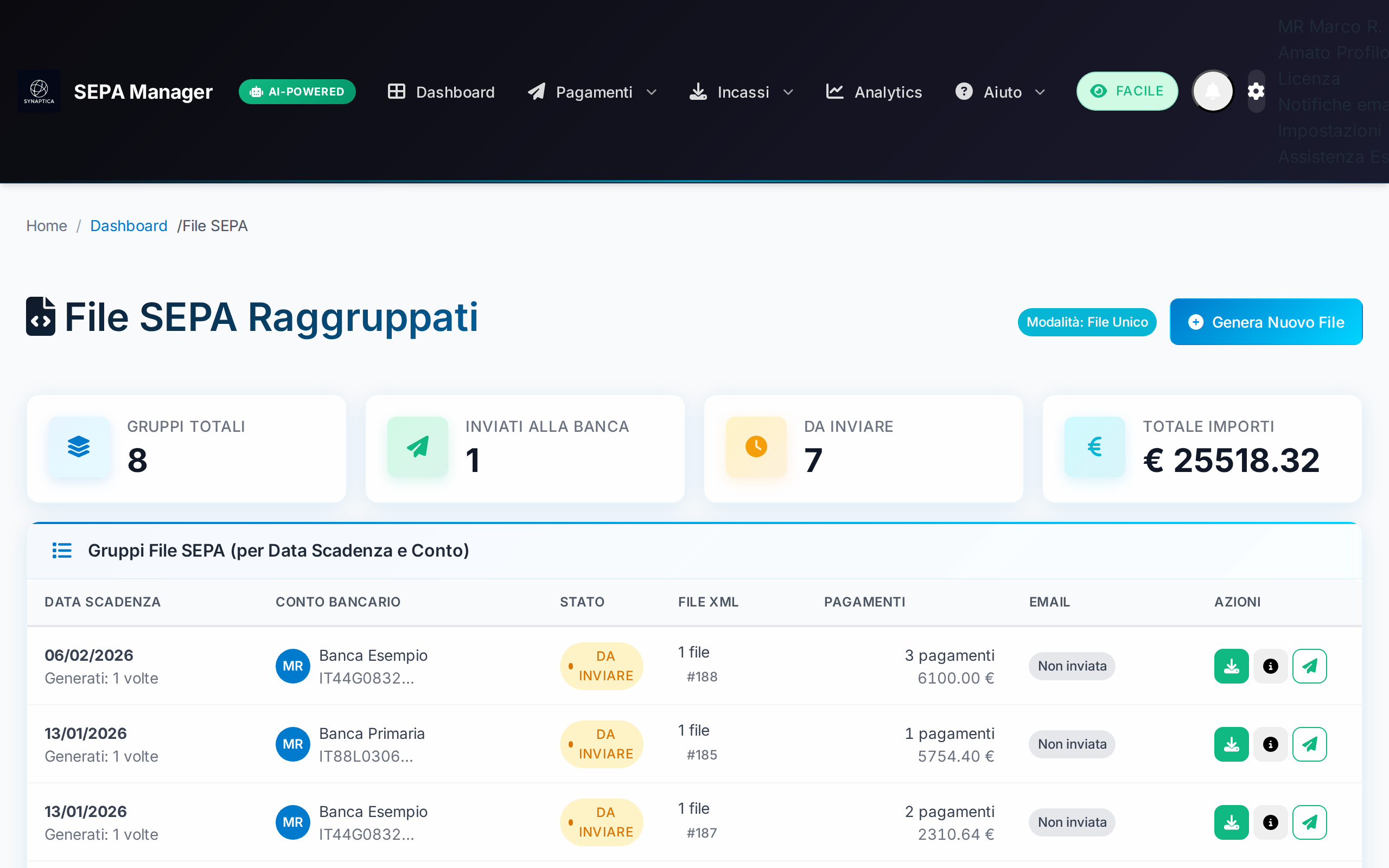File SEPA generati pronti per il download